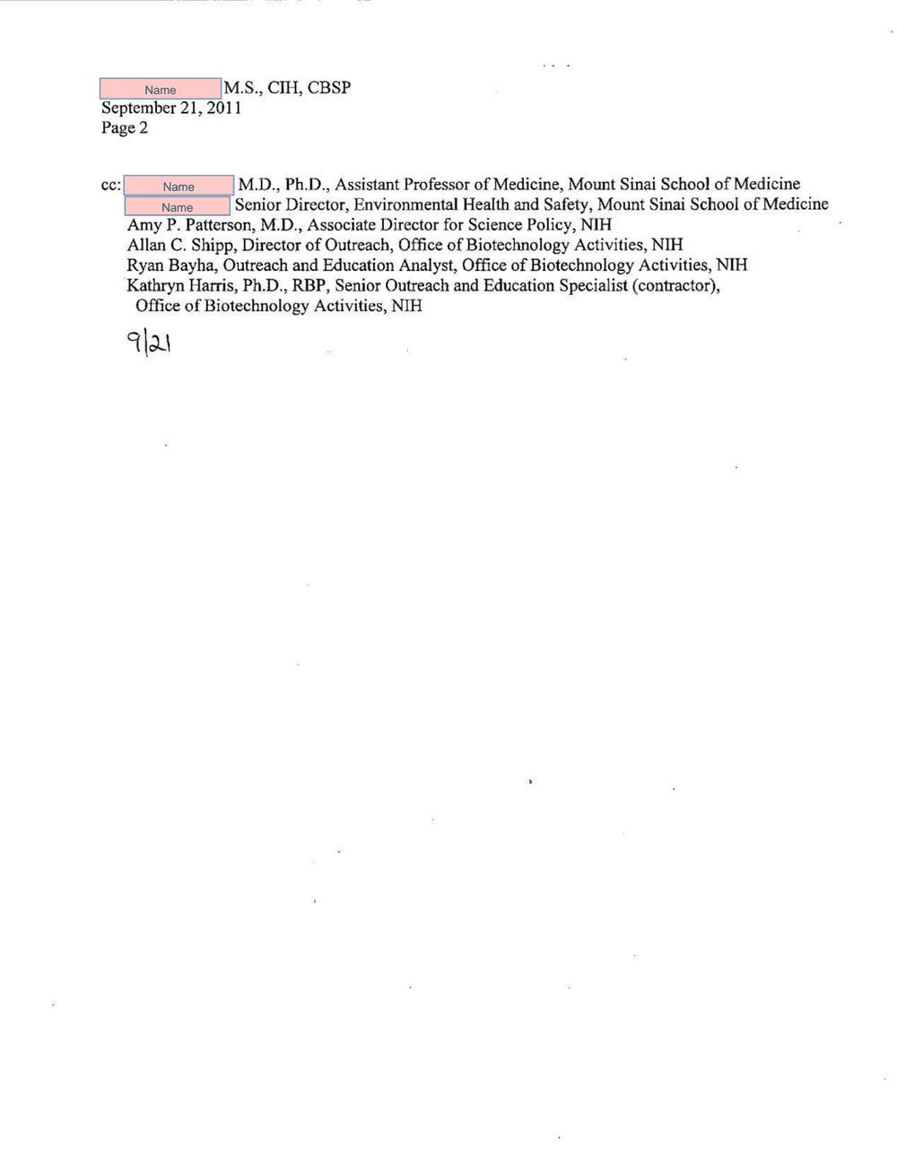 Page 2 from Mount Sinai Lab Accident Report to NIH