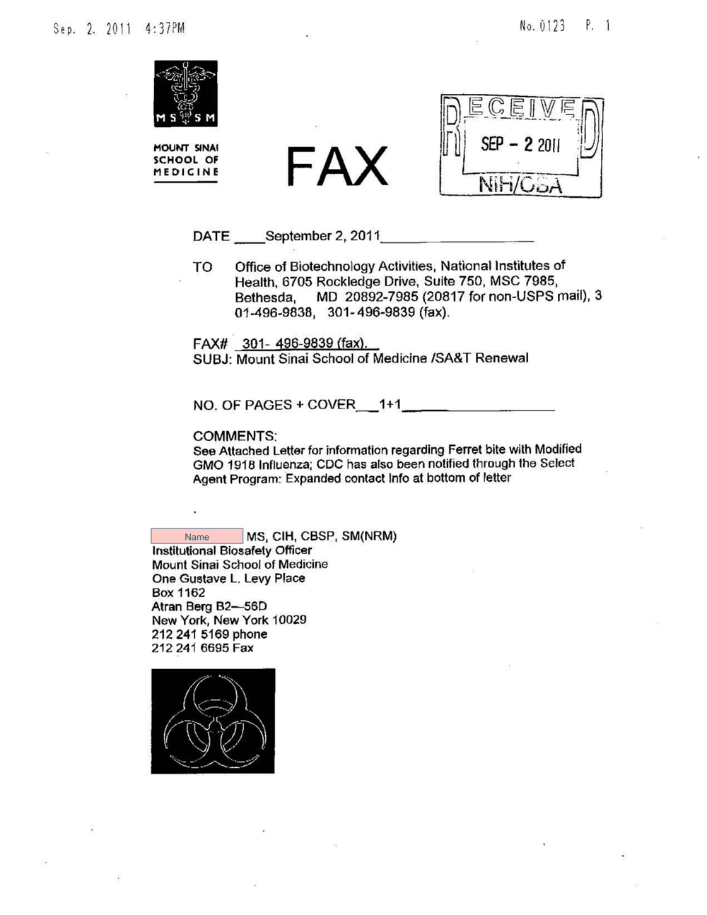 Page 3 from Mount Sinai Lab Accident Report to NIH