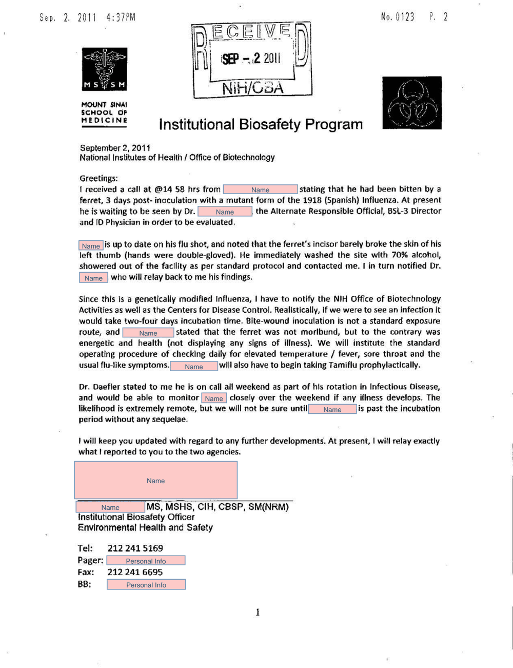 Page 4 from Mount Sinai Lab Accident Report to NIH