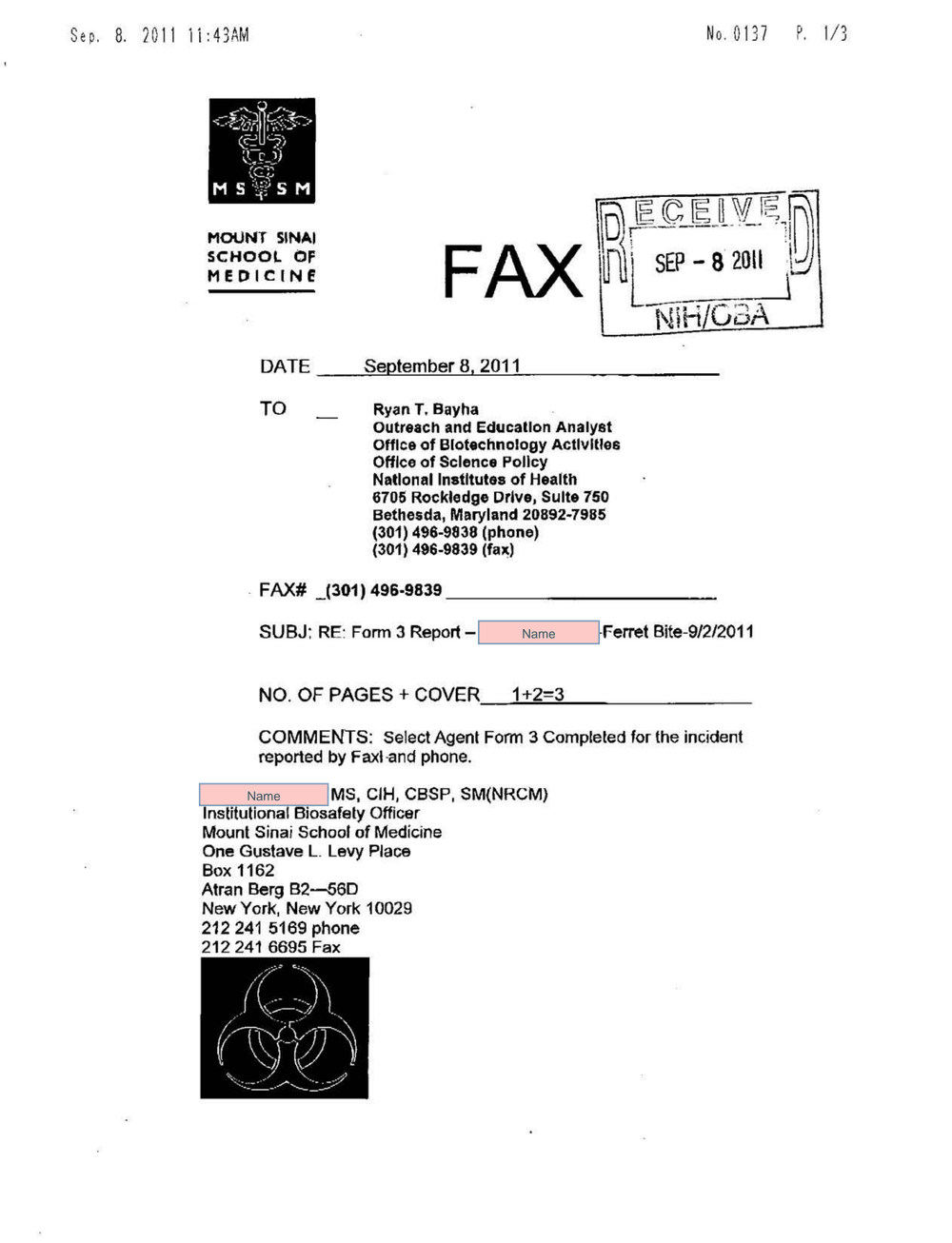 Page 5 from Mount Sinai Lab Accident Report to NIH