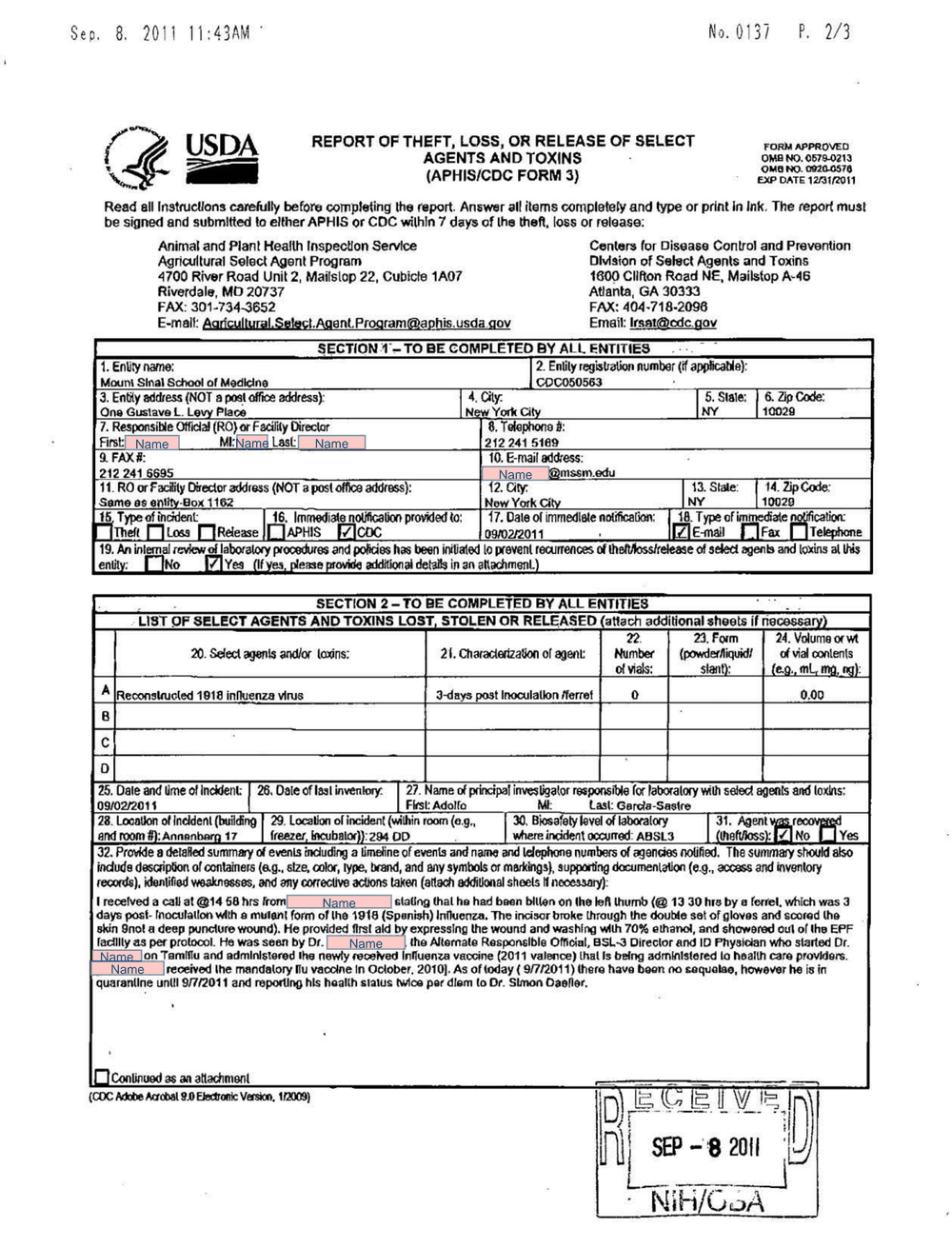 Page 6 from Mount Sinai Lab Accident Report to NIH