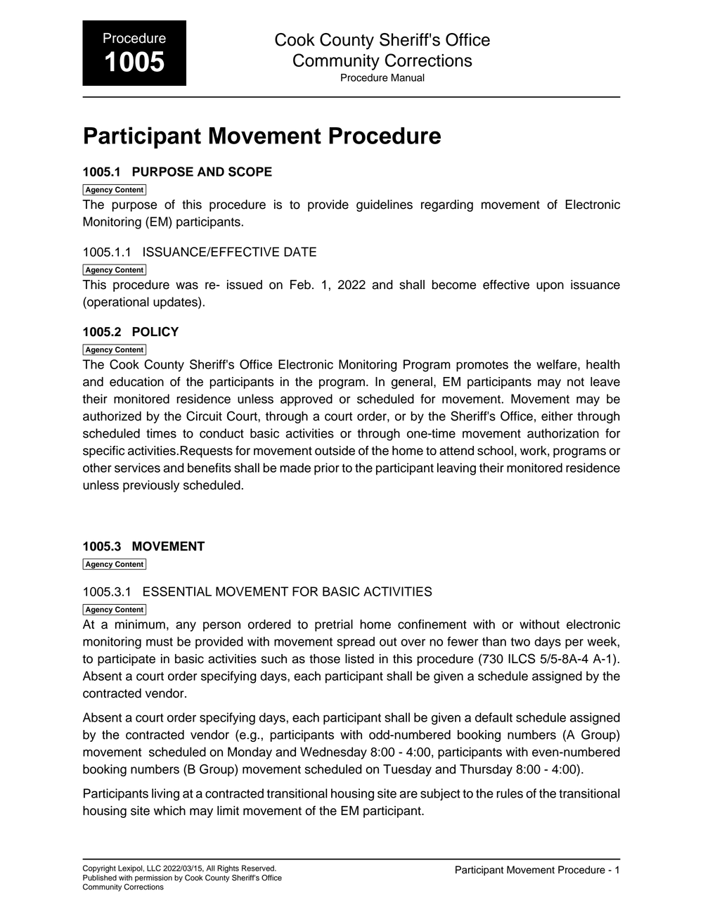 Page 1 from Cook County Sheriff’s Policy Document on Movement for Those Under EM