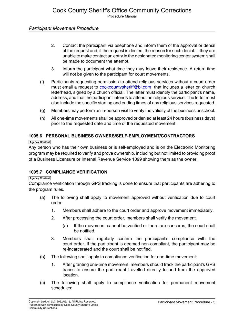 Page 5 from Cook County Sheriff’s Policy Document on Movement for Those Under EM