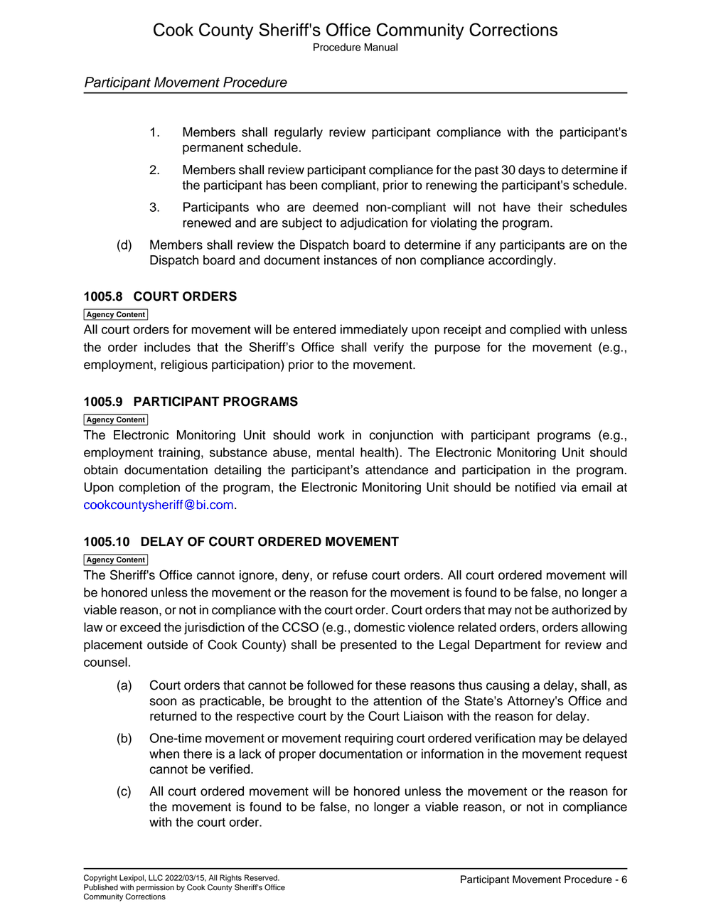 Page 6 from Cook County Sheriff’s Policy Document on Movement for Those Under EM