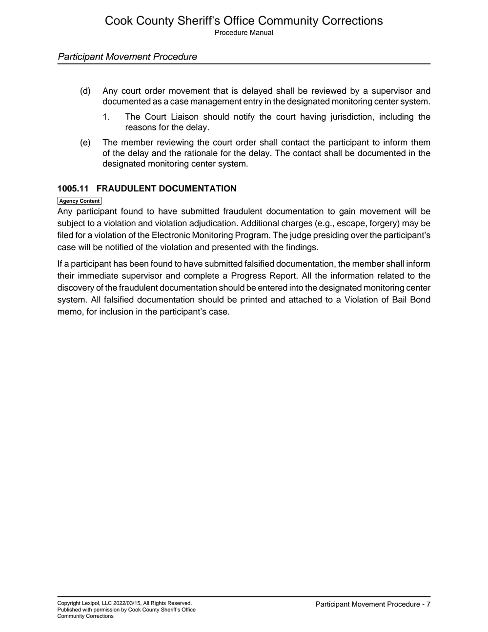 Page 7 from Cook County Sheriff’s Policy Document on Movement for Those Under EM