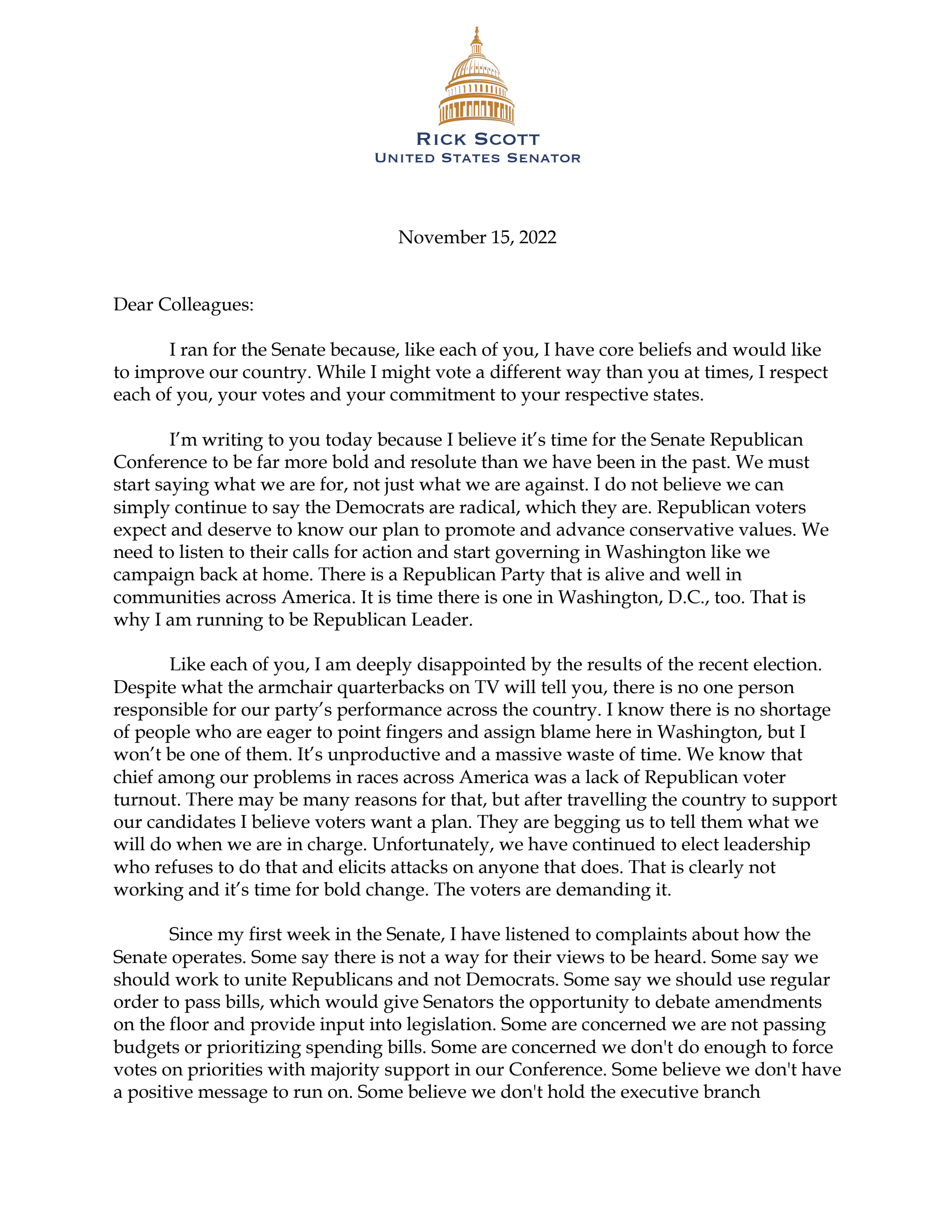 Rick Scott Senate Leader Letter Documentcloud