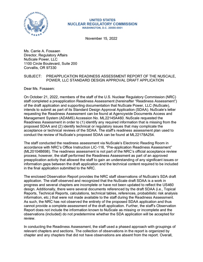 Nuscale Sdaa Preapplication Readiness Assessment Summary Observation 