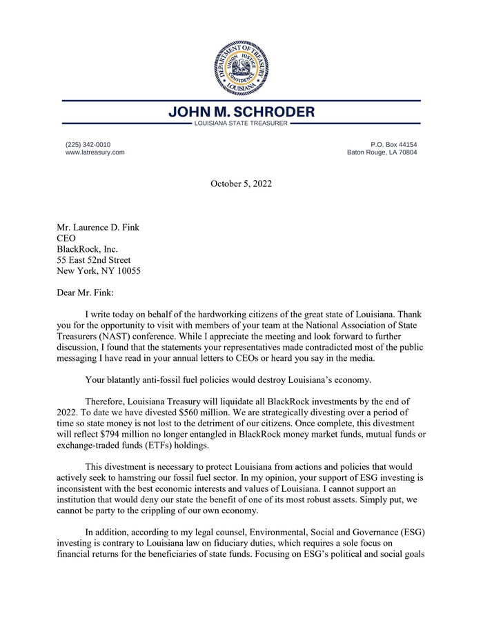 Louisiana Treasurer John Schroder Letter to Blackrock CEO Larry Fink