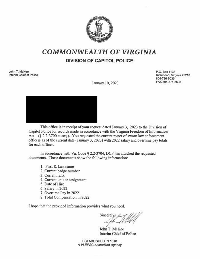 Virginia Capitol Police Badge Numbers, Salaries, & Hire Dates (VFOIA ...