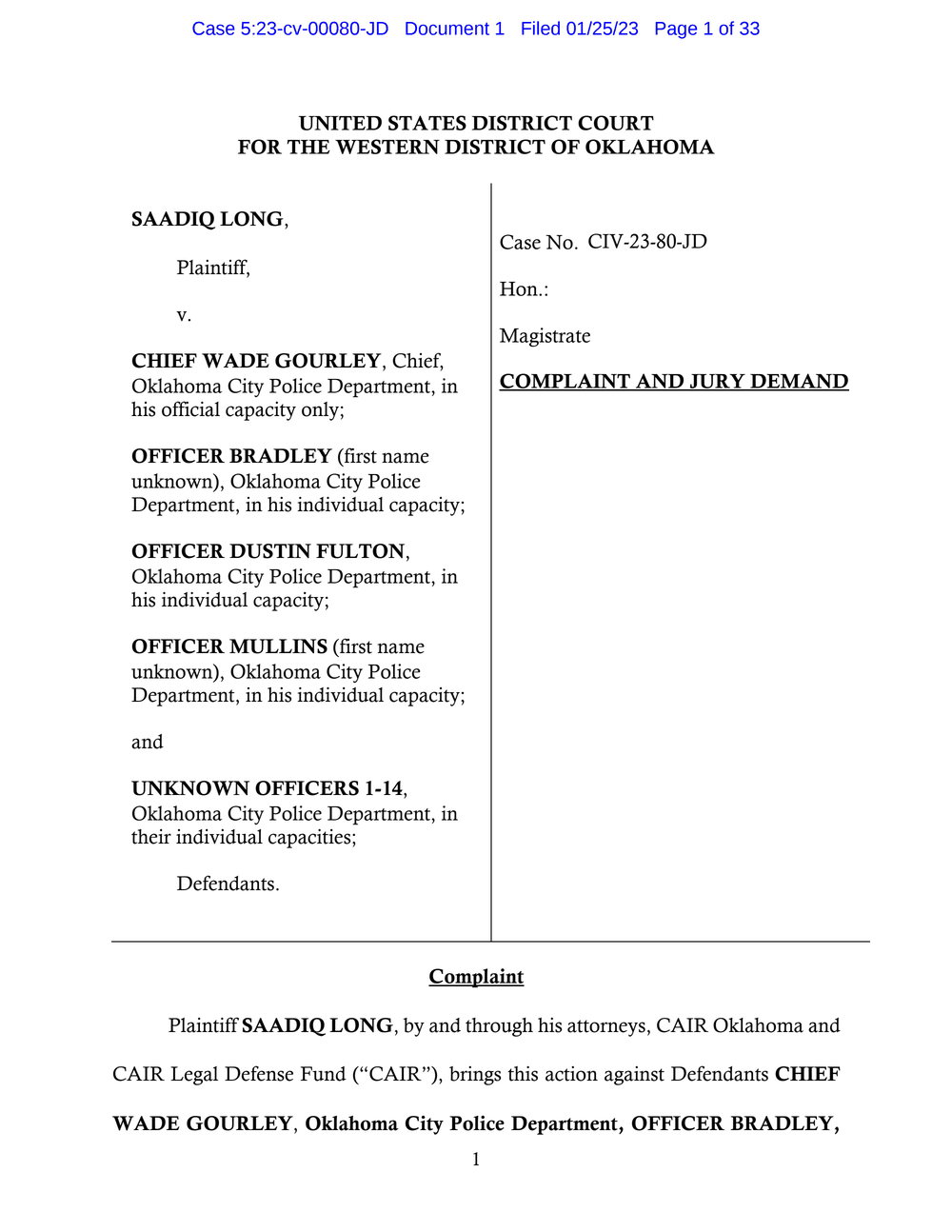 Page 1 from Saadiq Long Complaint Against Oklahoma City Police