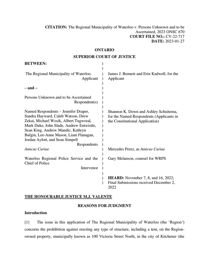 Page 1 of Region of Waterloo v Persons Unknown CV-22-717- Reasons for Judgment - 27Jan2023 Valente J