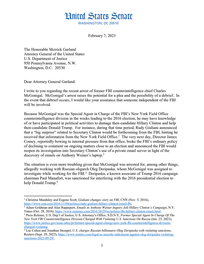 Page 1 of Sen. Whitehouse Seeks An Independent Briefing on Charles McGonigal (Feb. 22, 2023)
