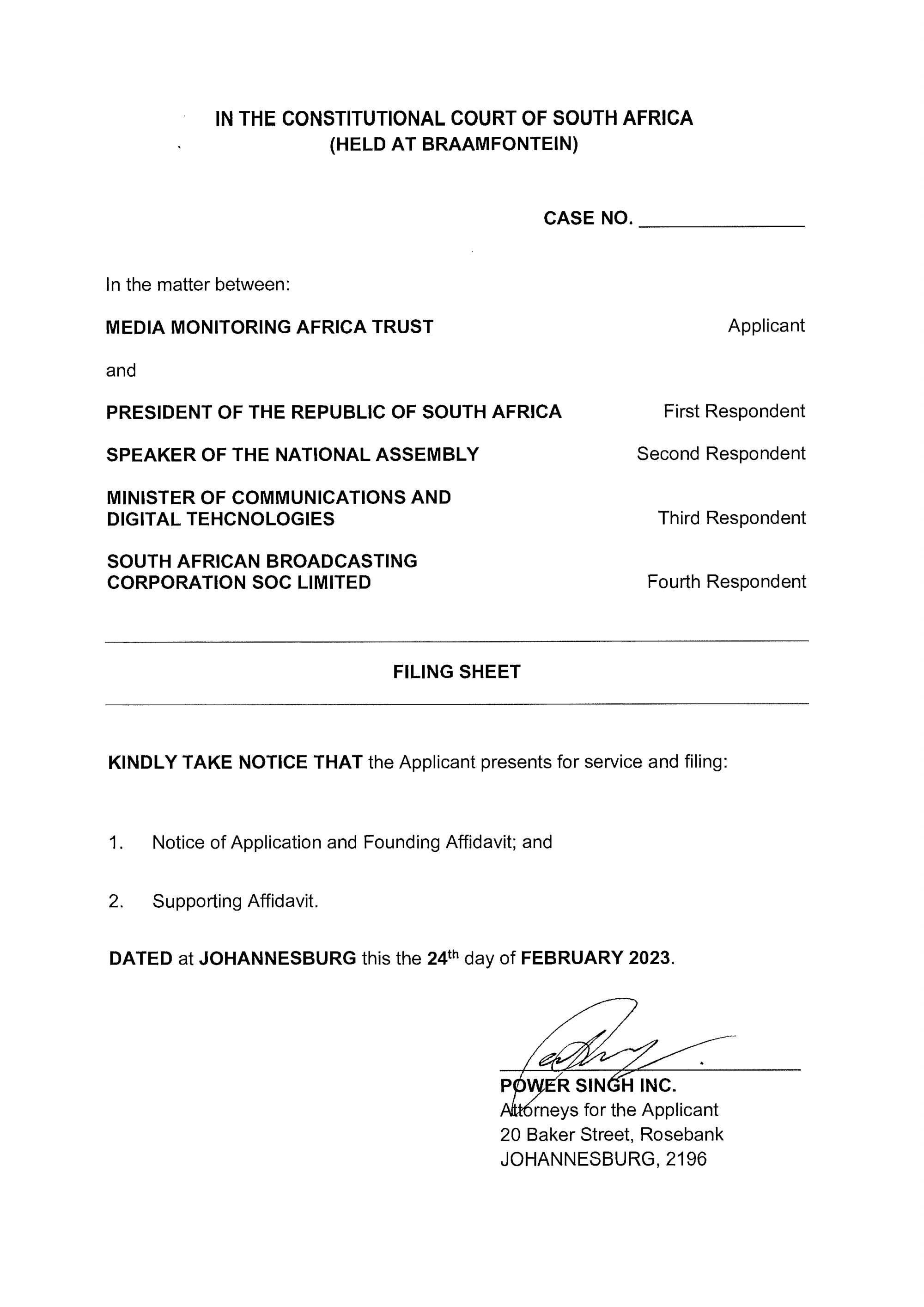 Page 1 of 230224 - MMA v President and Others - Urgent Appliction_Redacted