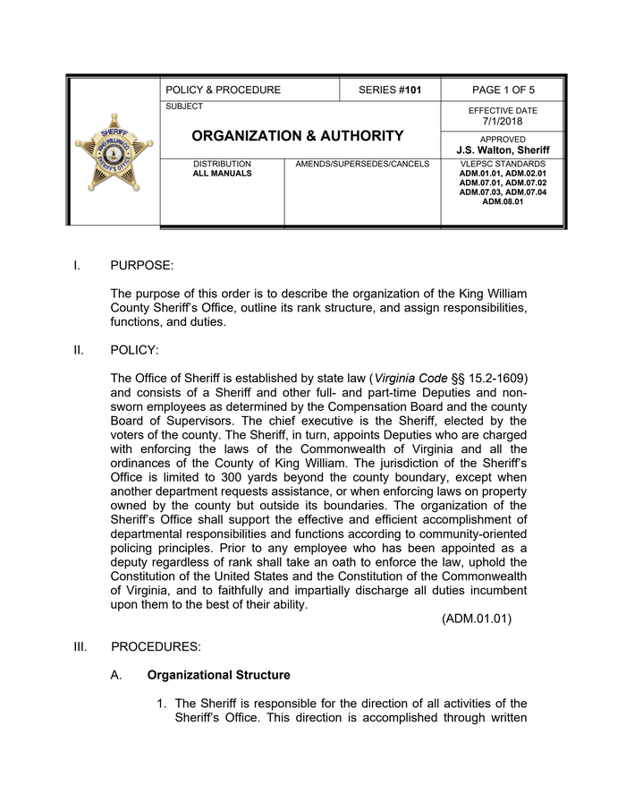 King William Sheriff's Office Directives and Objectives (FOIA, 2023 ...