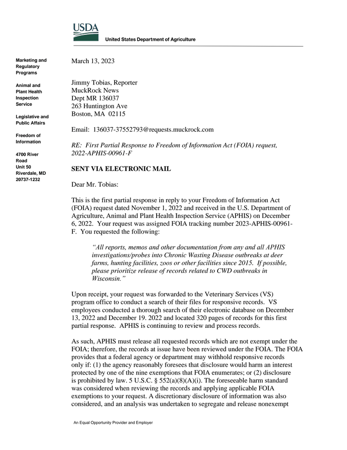 2023-APHIS-00961 Partial 1 Response Letter - DocumentCloud