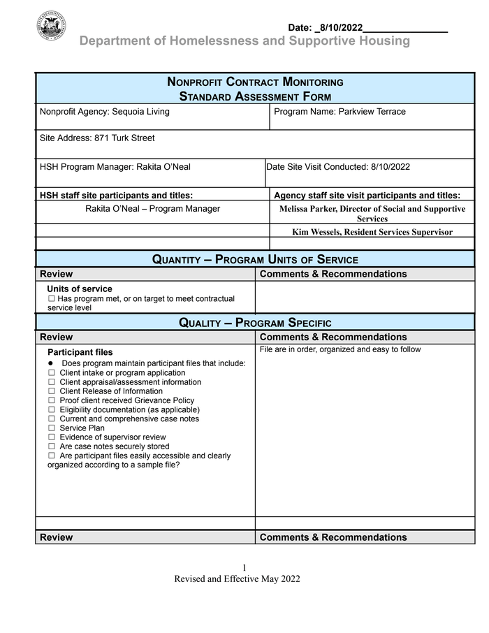 Sequoia Living at Parkview - HSH Non Profit Contract Monitoring Form ...