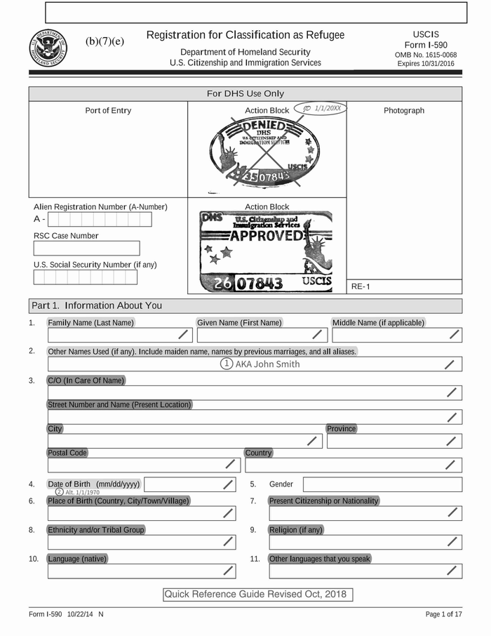 USCIS Form I590 Registration for Classification as Refuguee