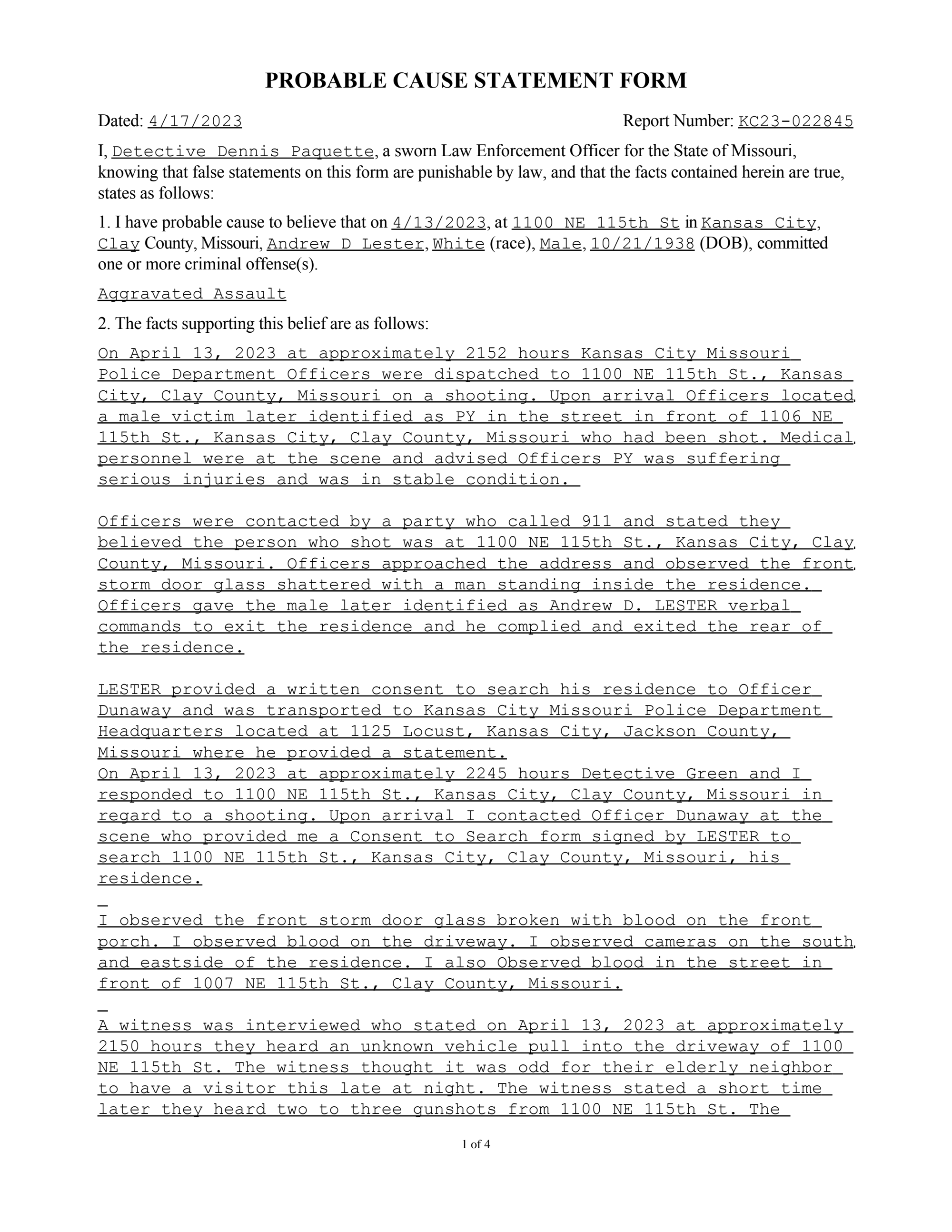 Page 1 of Andrew D Lester Probable Cause