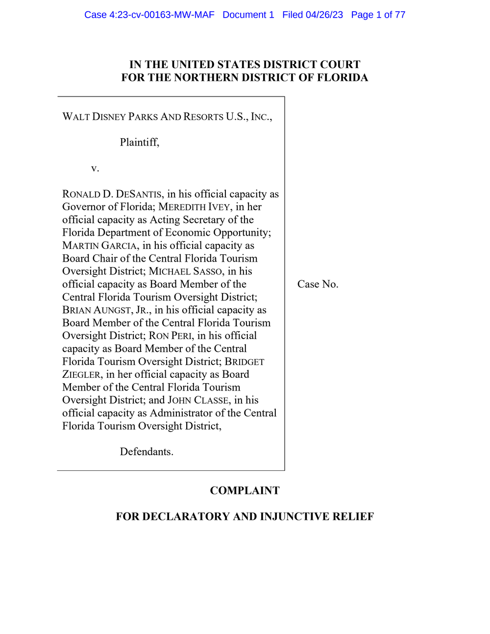 Page 1 from Disney First Amendment Lawsuit against Florida Gov. Ron DeSantis