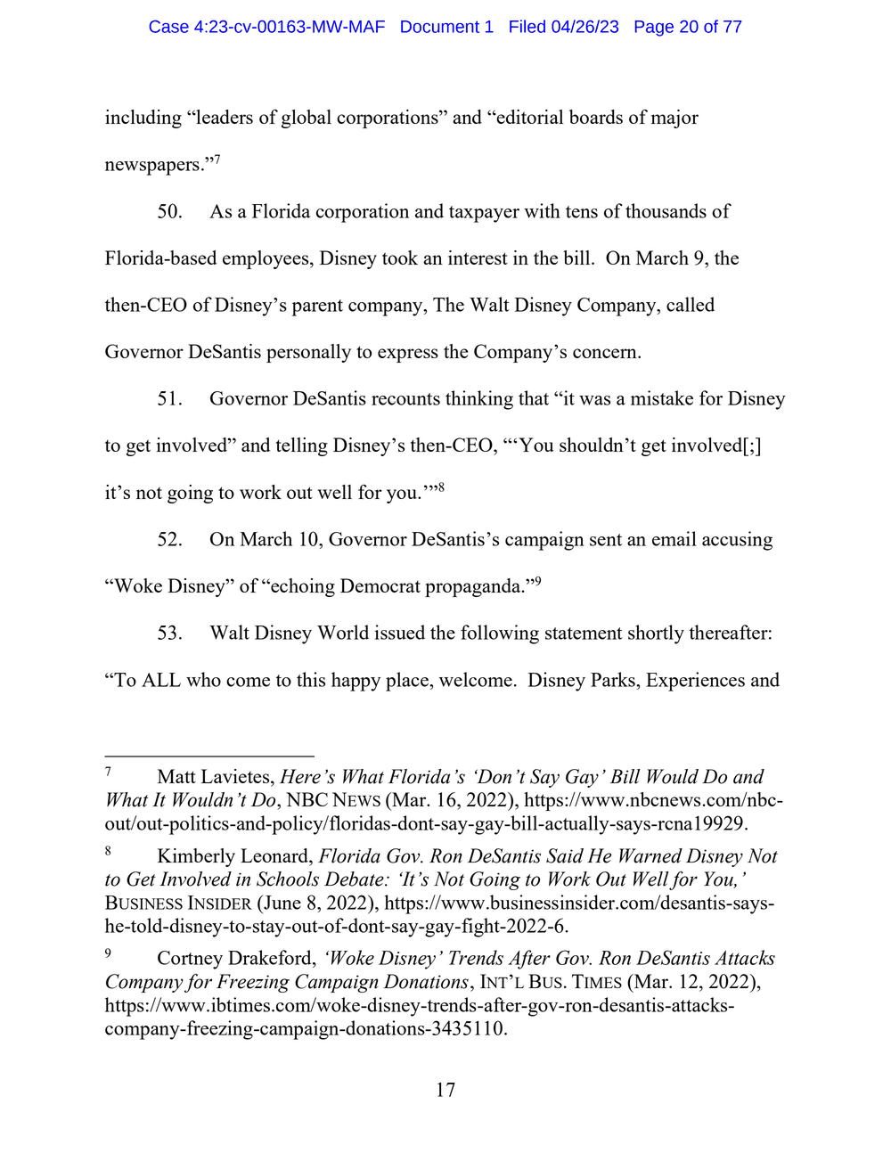 Page 20 from Disney First Amendment Lawsuit against Florida Gov. Ron DeSantis