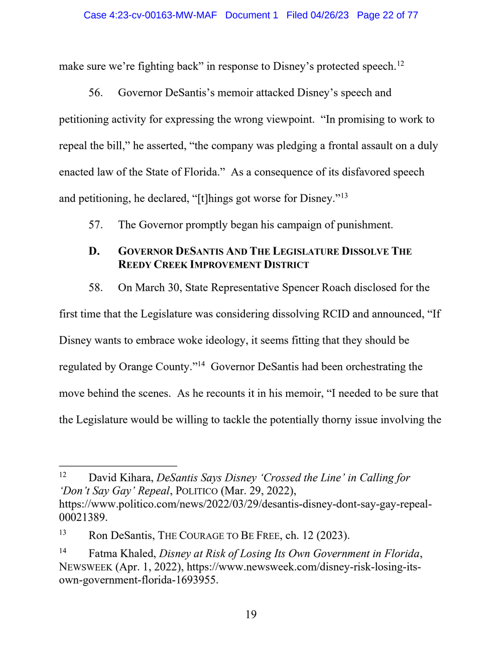 Page 22 from Disney First Amendment Lawsuit against Florida Gov. Ron DeSantis