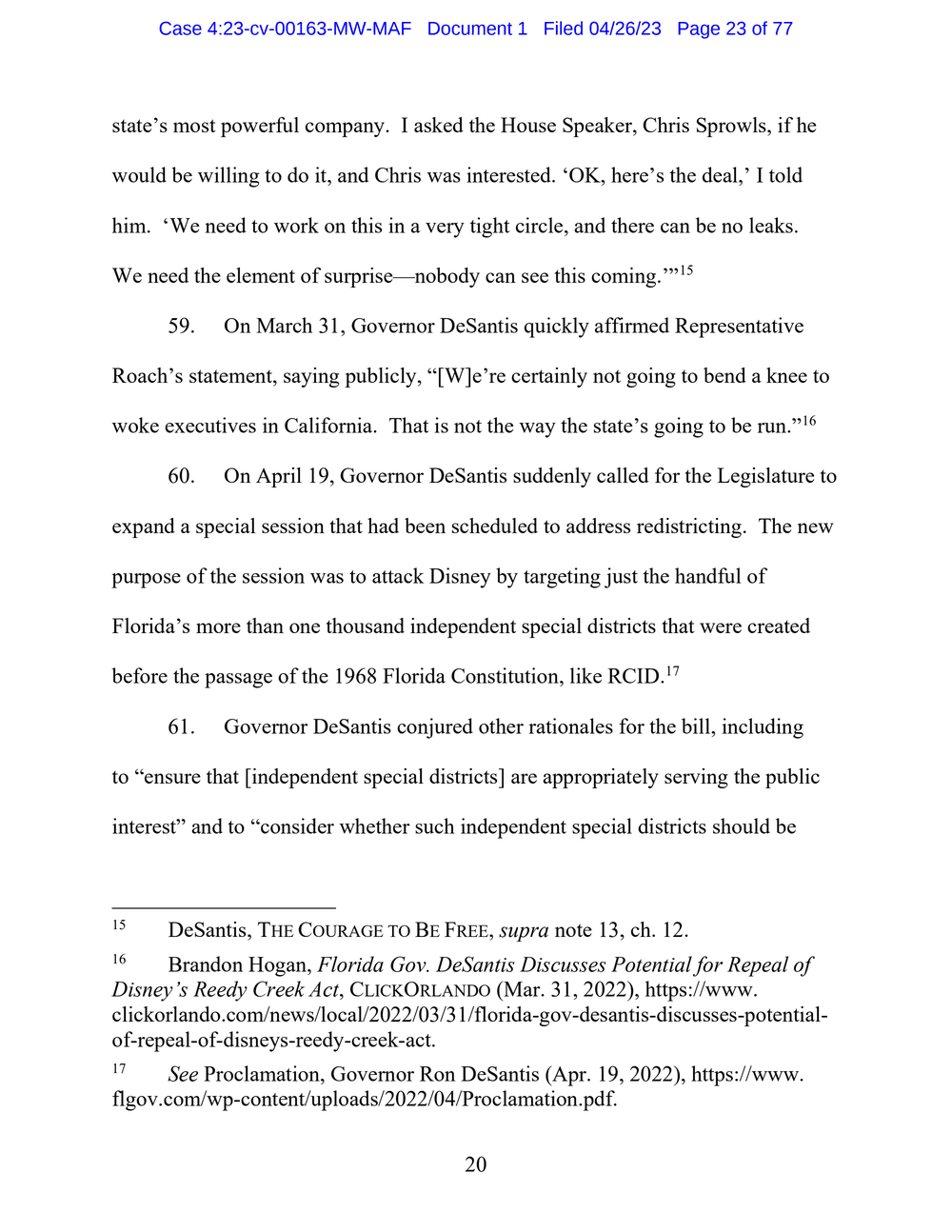 Page 23 from Disney First Amendment Lawsuit against Florida Gov. Ron DeSantis