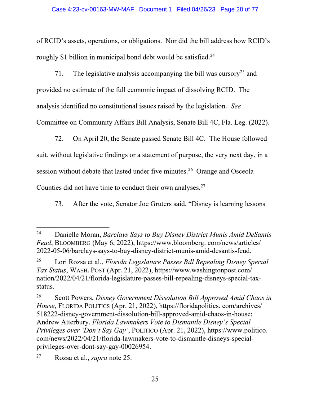 Page 28 from Disney First Amendment Lawsuit against Florida Gov. Ron DeSantis