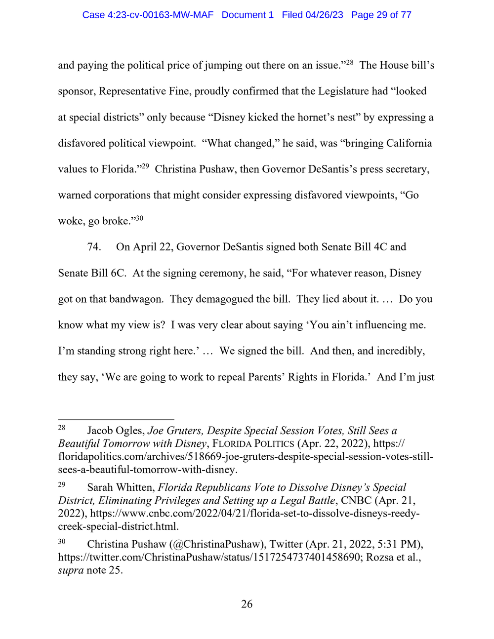 Page 29 from Disney First Amendment Lawsuit against Florida Gov. Ron DeSantis