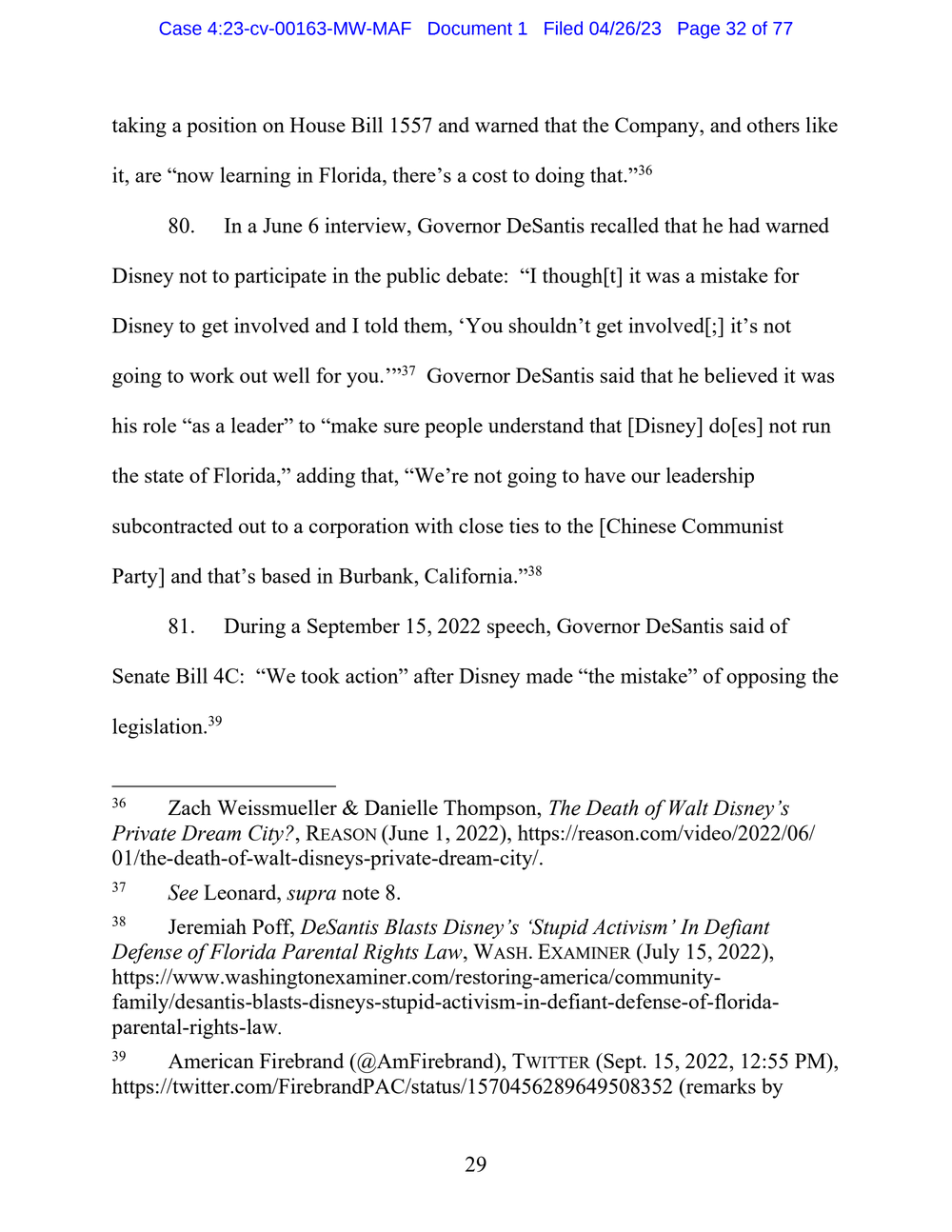 Page 32 from Disney First Amendment Lawsuit against Florida Gov. Ron DeSantis