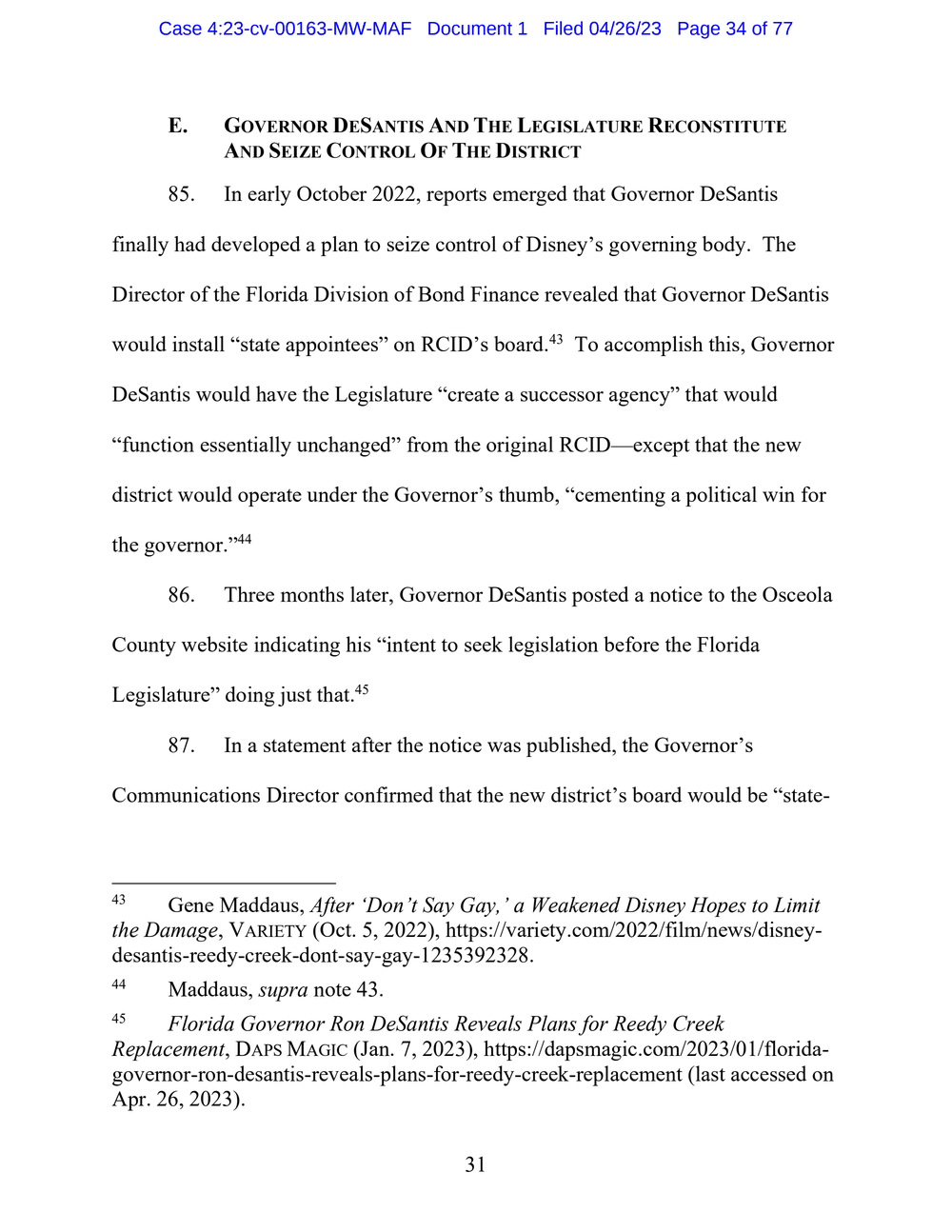 Page 34 from Disney First Amendment Lawsuit against Florida Gov. Ron DeSantis