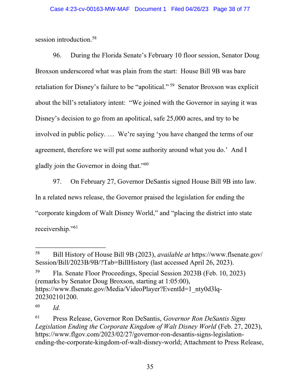 Page 38 from Disney First Amendment Lawsuit against Florida Gov. Ron DeSantis