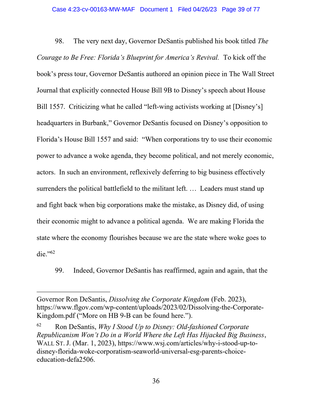 Page 39 from Disney First Amendment Lawsuit against Florida Gov. Ron DeSantis