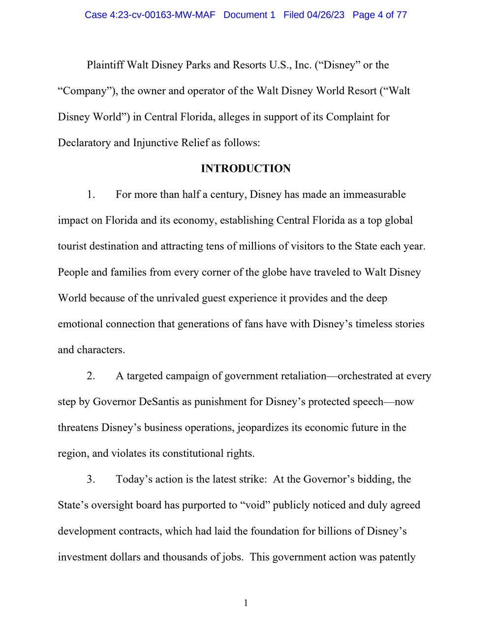 Page 4 from Disney First Amendment Lawsuit against Florida Gov. Ron DeSantis