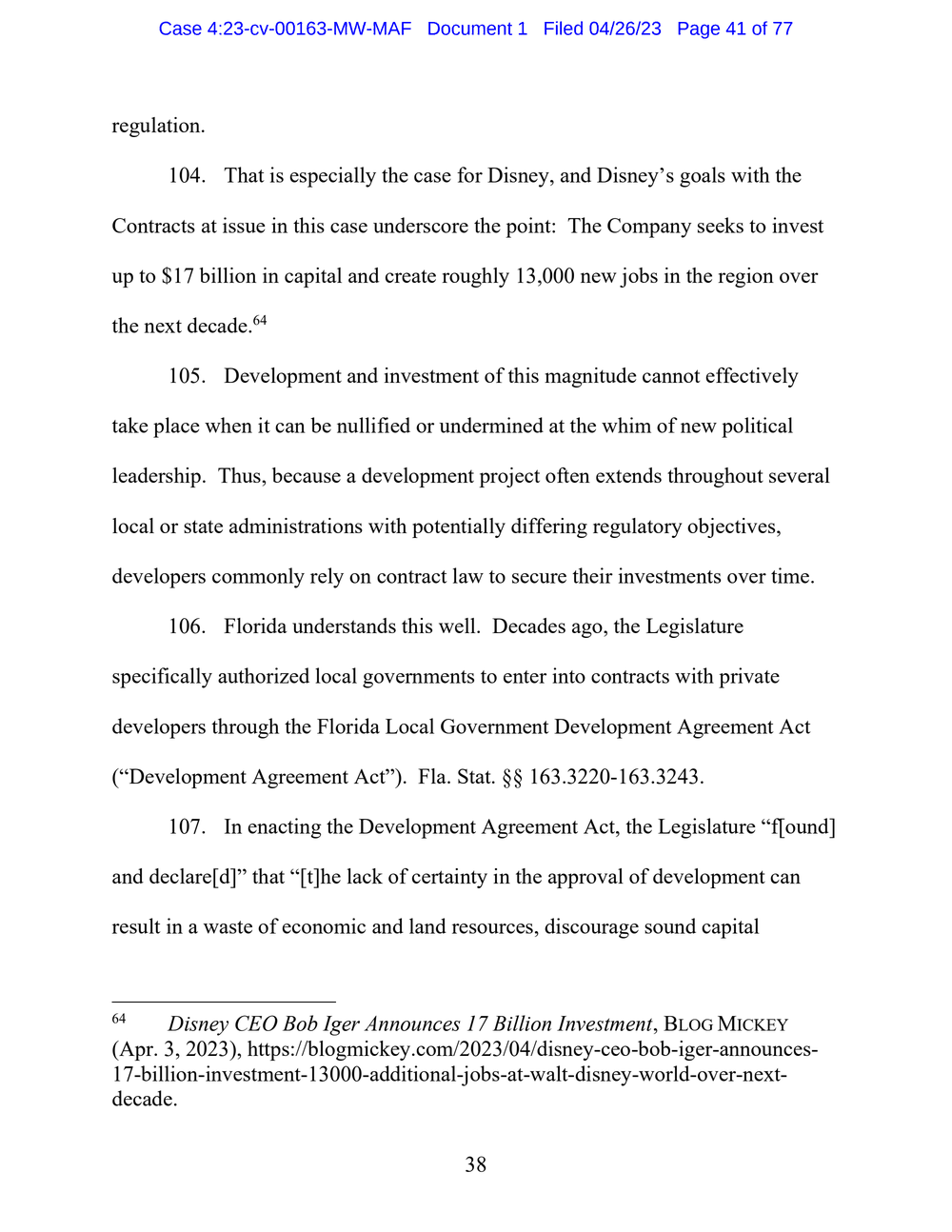 Page 41 from Disney First Amendment Lawsuit against Florida Gov. Ron DeSantis