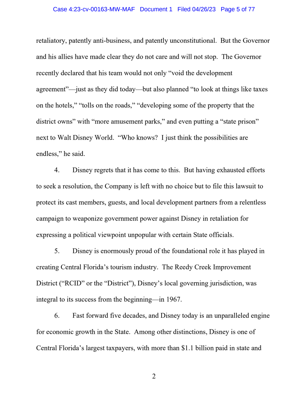 Page 5 from Disney First Amendment Lawsuit against Florida Gov. Ron DeSantis