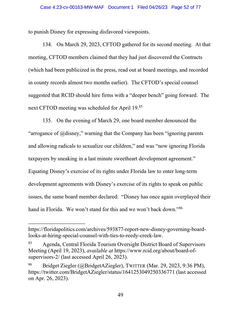 Page 52 from Disney First Amendment Lawsuit against Florida Gov. Ron DeSantis