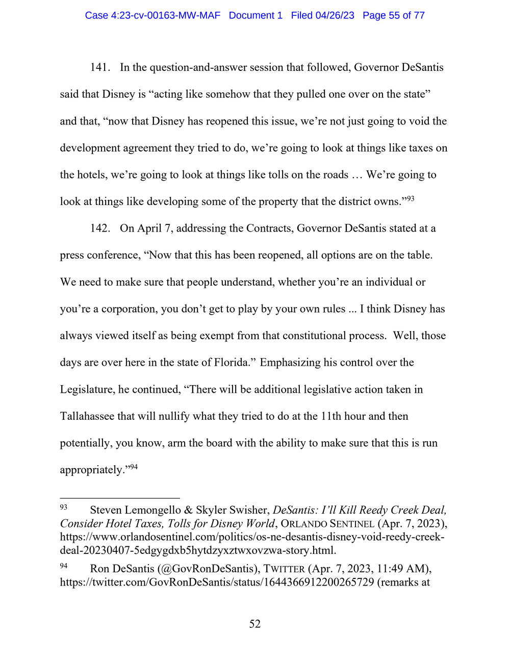 Page 55 from Disney First Amendment Lawsuit against Florida Gov. Ron DeSantis