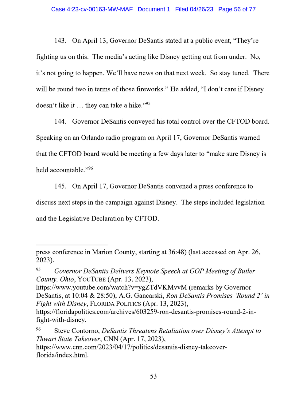 Page 56 from Disney First Amendment Lawsuit against Florida Gov. Ron DeSantis