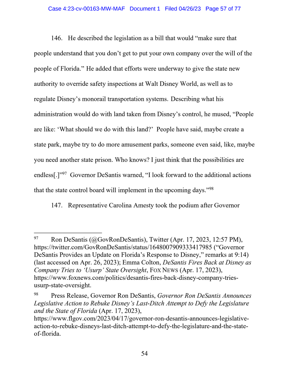 Page 57 from Disney First Amendment Lawsuit against Florida Gov. Ron DeSantis