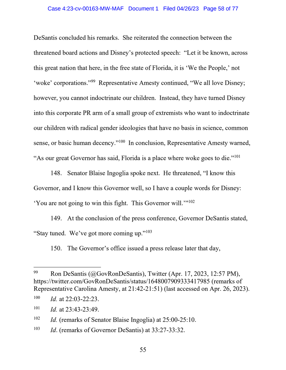 Page 58 from Disney First Amendment Lawsuit against Florida Gov. Ron DeSantis