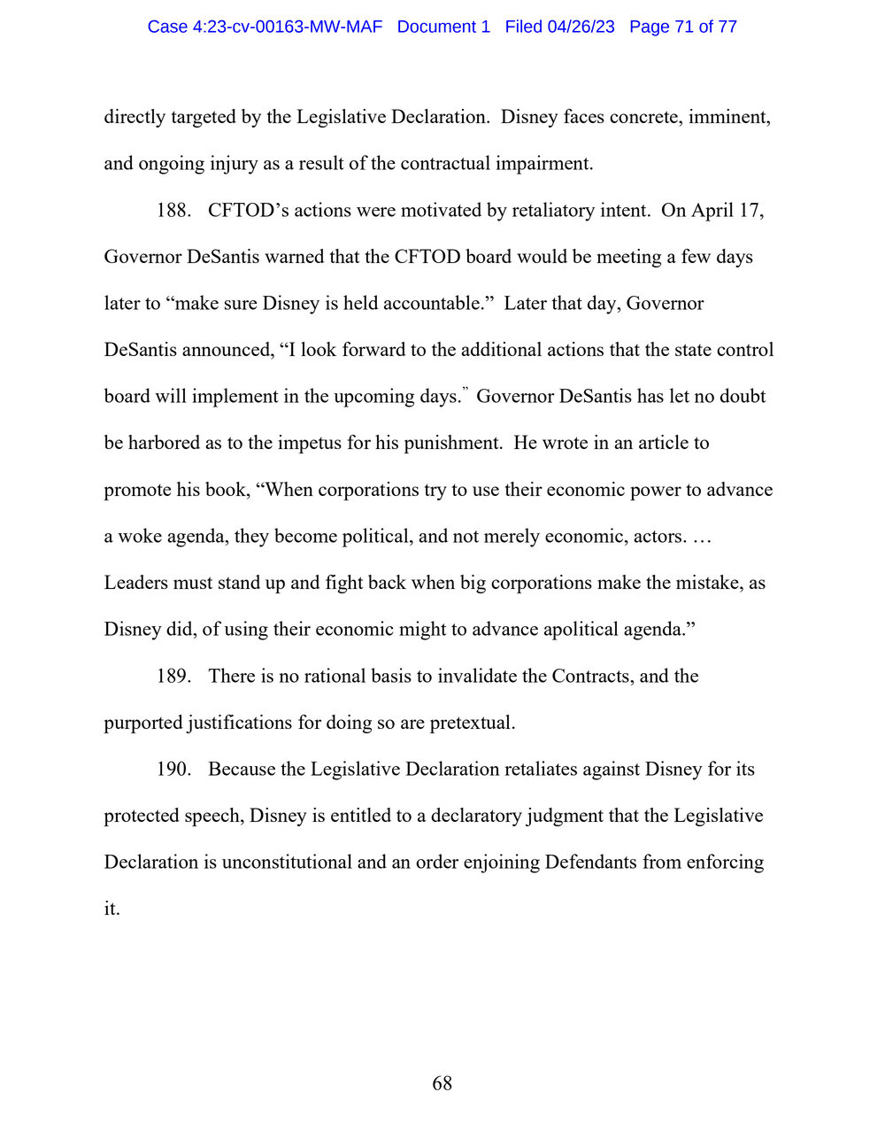 Page 71 from Disney First Amendment Lawsuit against Florida Gov. Ron DeSantis