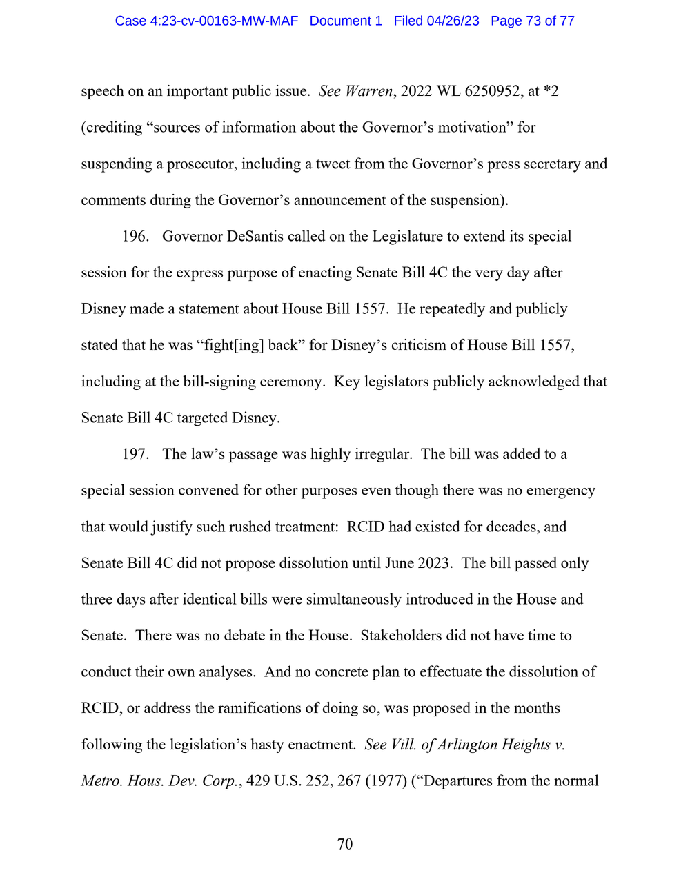 Page 73 from Disney First Amendment Lawsuit against Florida Gov. Ron DeSantis