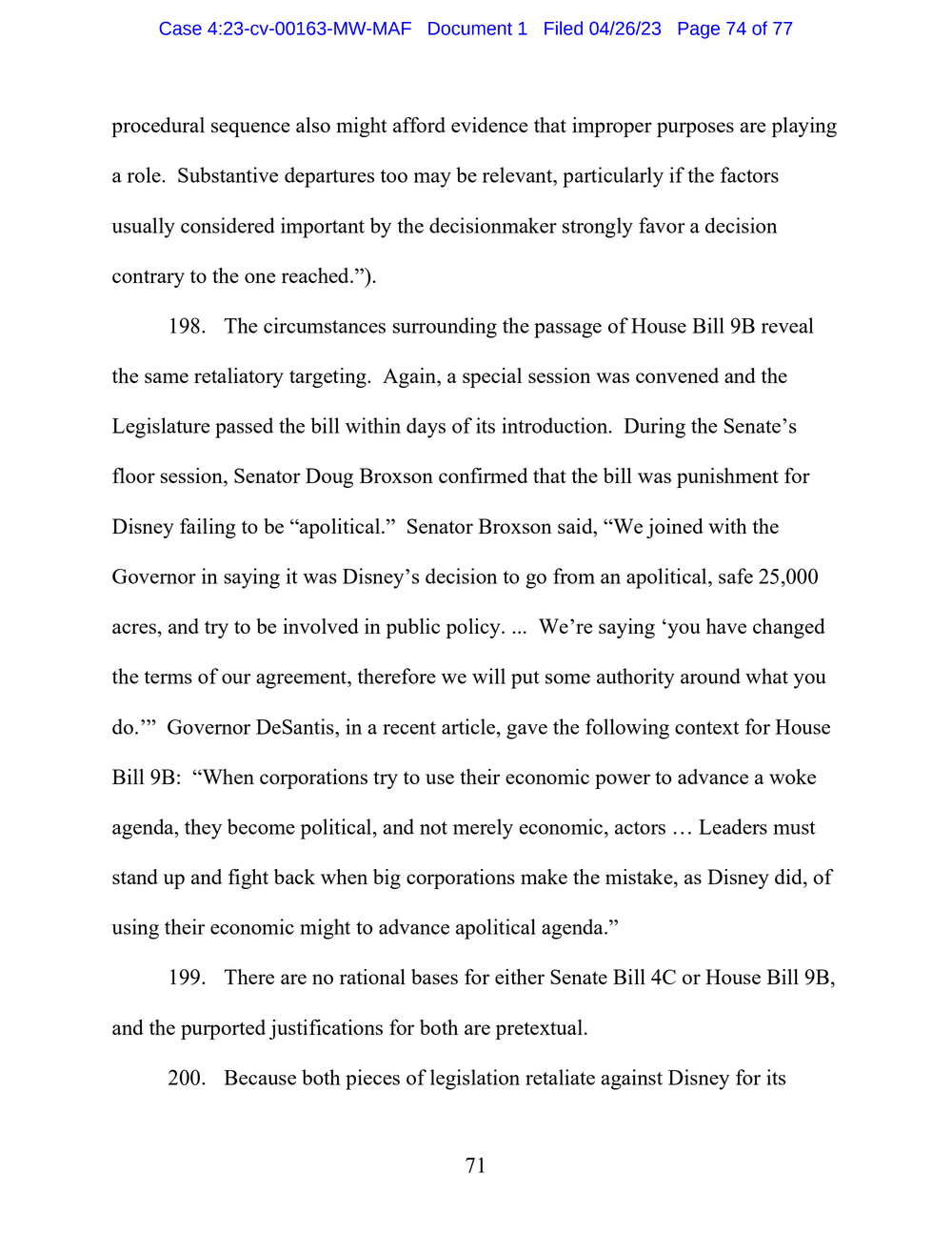 Page 74 from Disney First Amendment Lawsuit against Florida Gov. Ron DeSantis