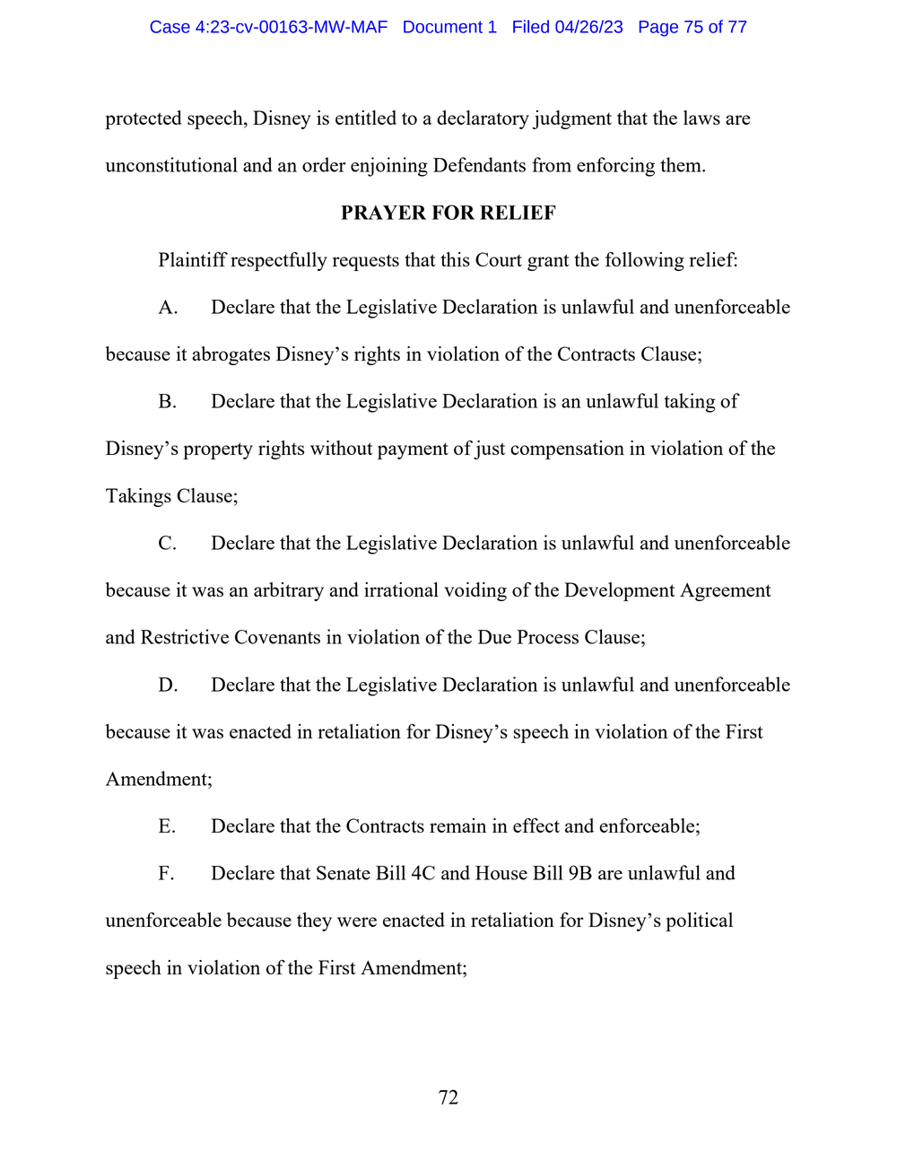 Page 75 from Disney First Amendment Lawsuit against Florida Gov. Ron DeSantis