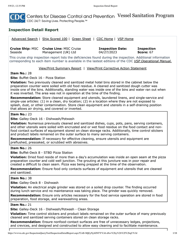 MSC Seaside - CDC Inspection Detail Report, Vessel Sanitation Program ...