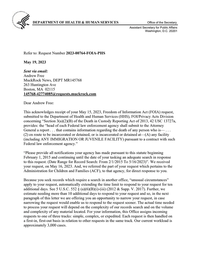 HHS Acknowledgement Letter, 2023-00764-FOIA-PHS - DocumentCloud