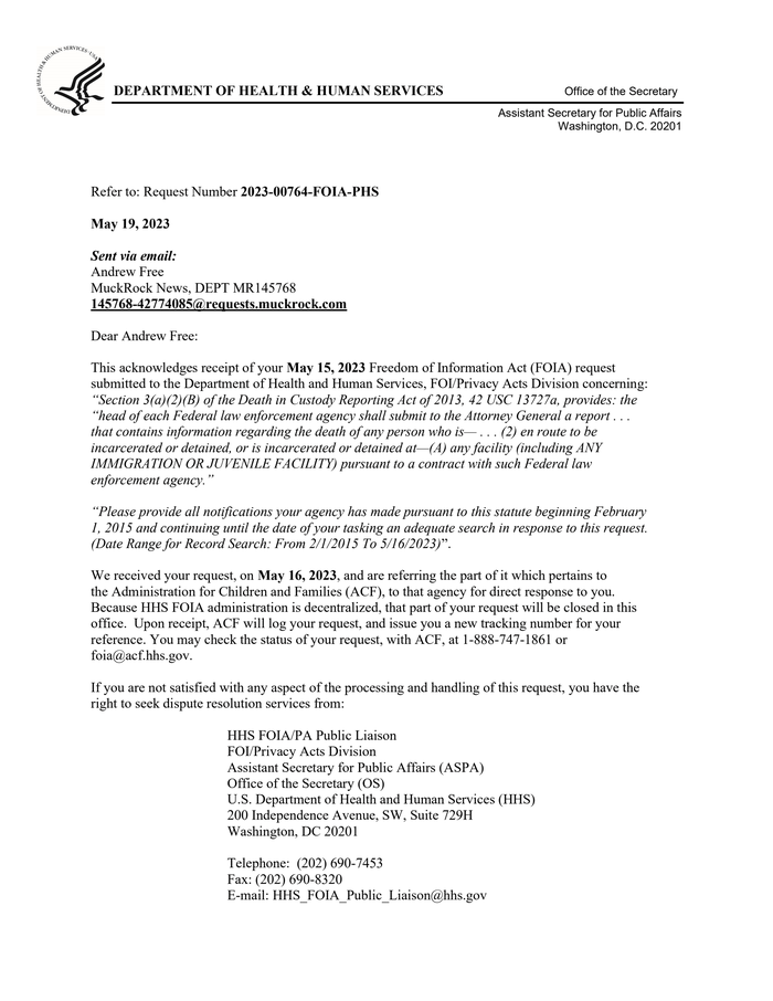 HHS Acknowledgement Referral Letter- ACF, 2023-00764-FOIA-PHS ...