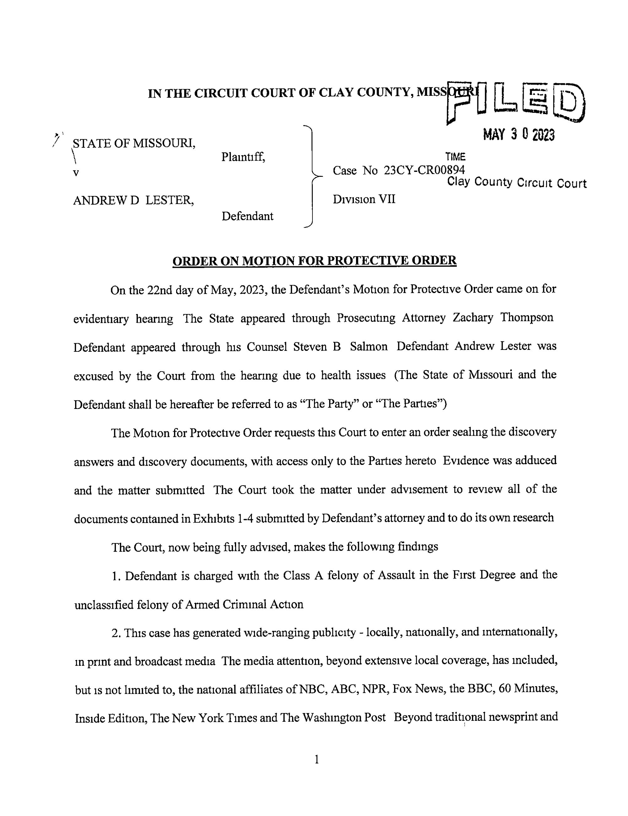 Page 1 of State v. Andrew Lester: Protective Order