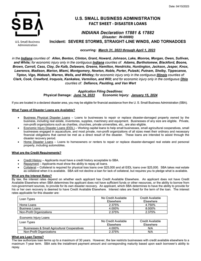 U.S. SBA Fact Sheet Indiana Disaster Loans 2023 DocumentCloud