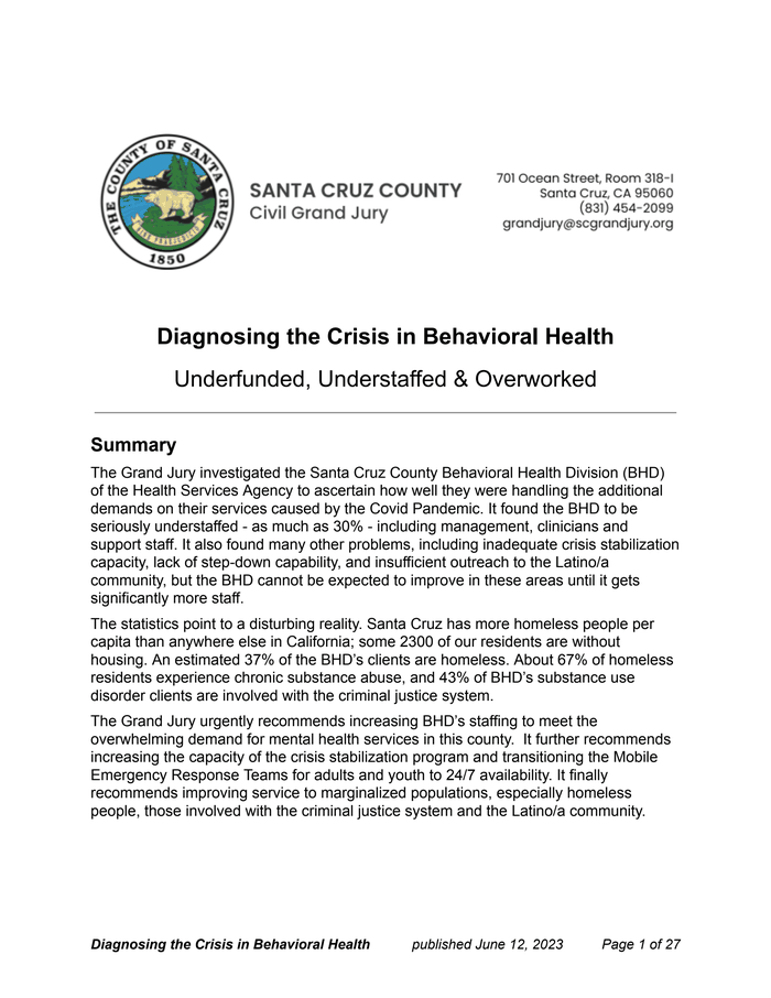 Diagnosing the crisis in behavioral health Santa Cruz County Civil